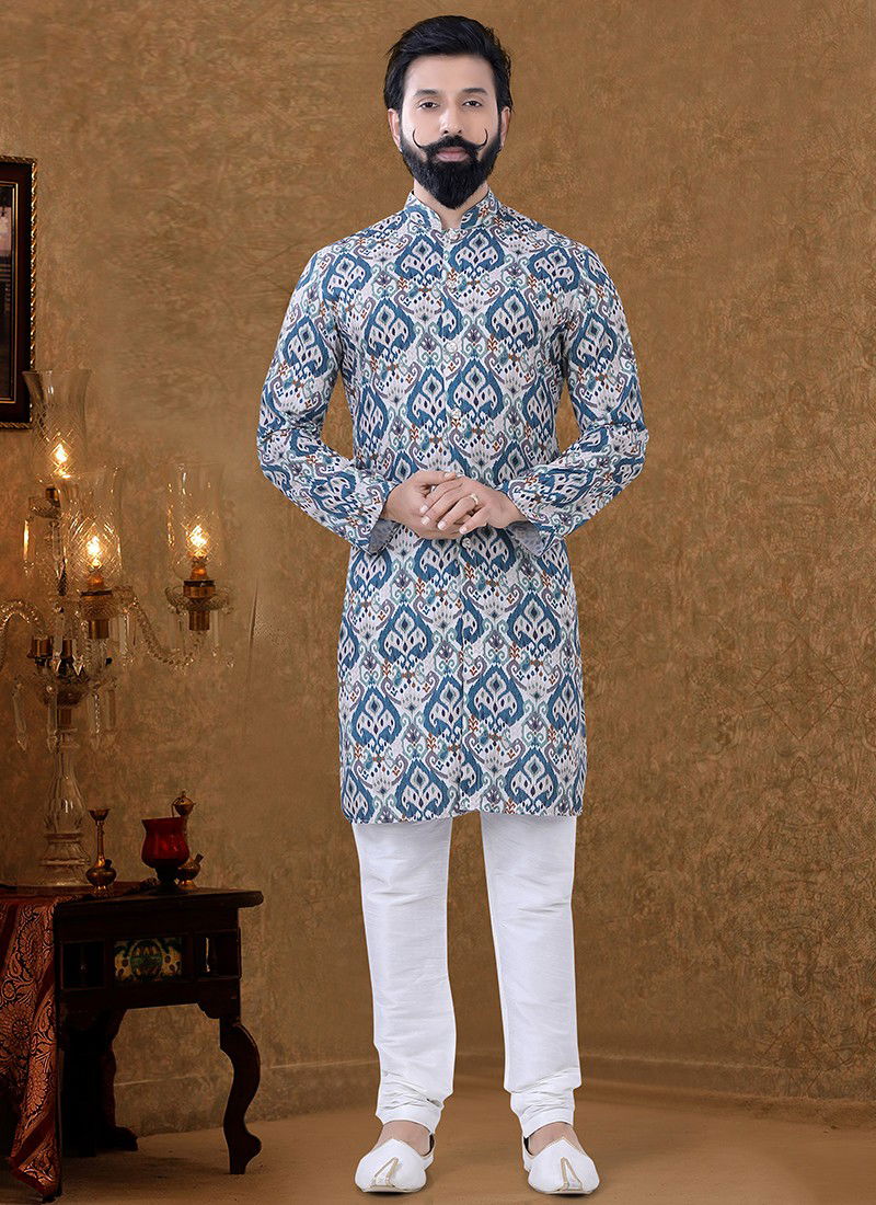 Green Colour New Printed Ethnic Wear Cotton Mens Kurta Pajama Collection KS 1528